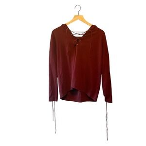 Sport The Kooples Burgundy Wool Cashmere Blend Lace-Up Hoodie Sweater Womens L
